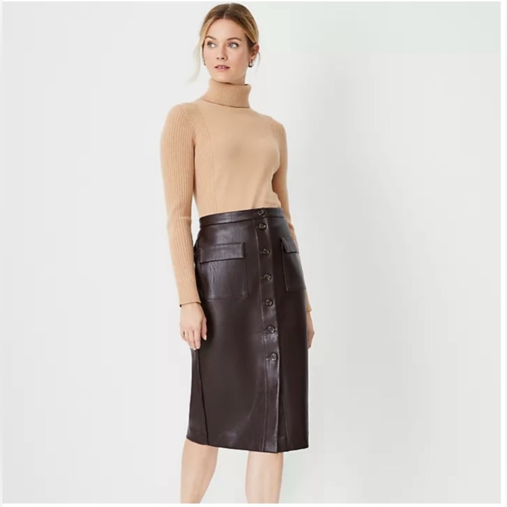 NWOT Ann Taylor Button down brown leather midi skirt XXSP